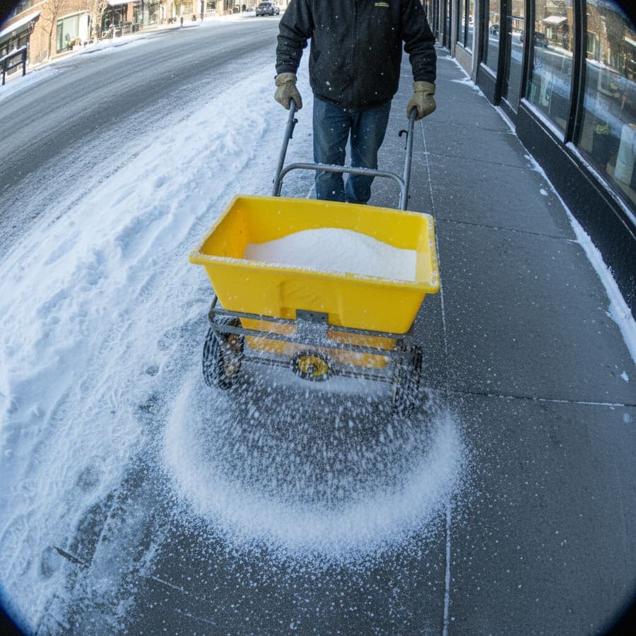 Snow plowing a commercial parking lot after an overnight winter event
