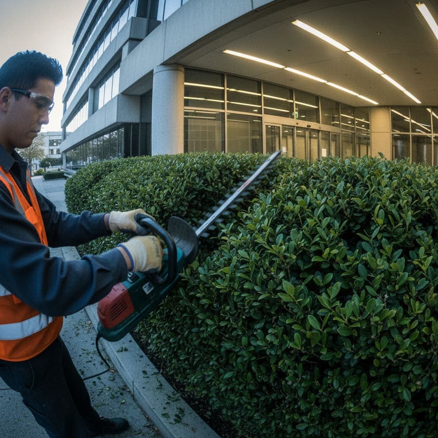 Seasonal garden planting at a managed commercial property entrance