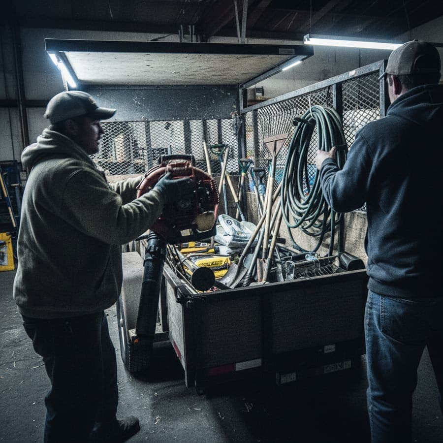 Spring cleanup crew clearing debris from a commercial property